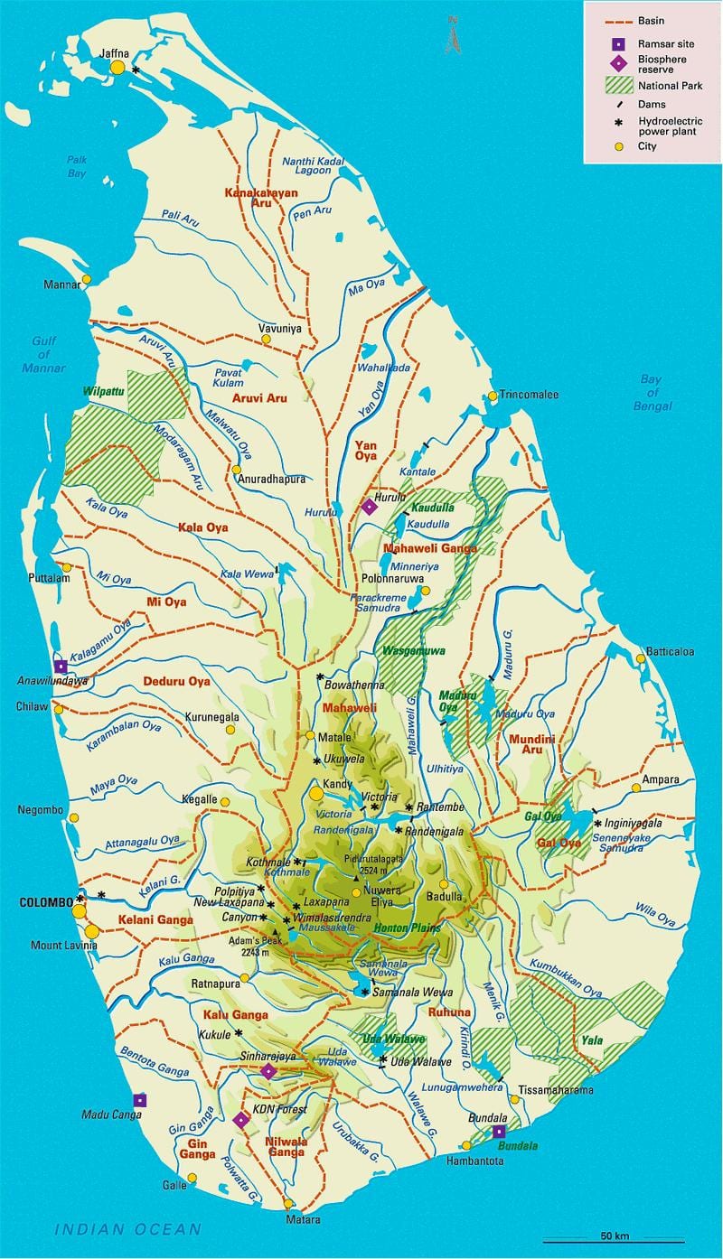 মানচিত্র শ্রীলংকার জলাধার