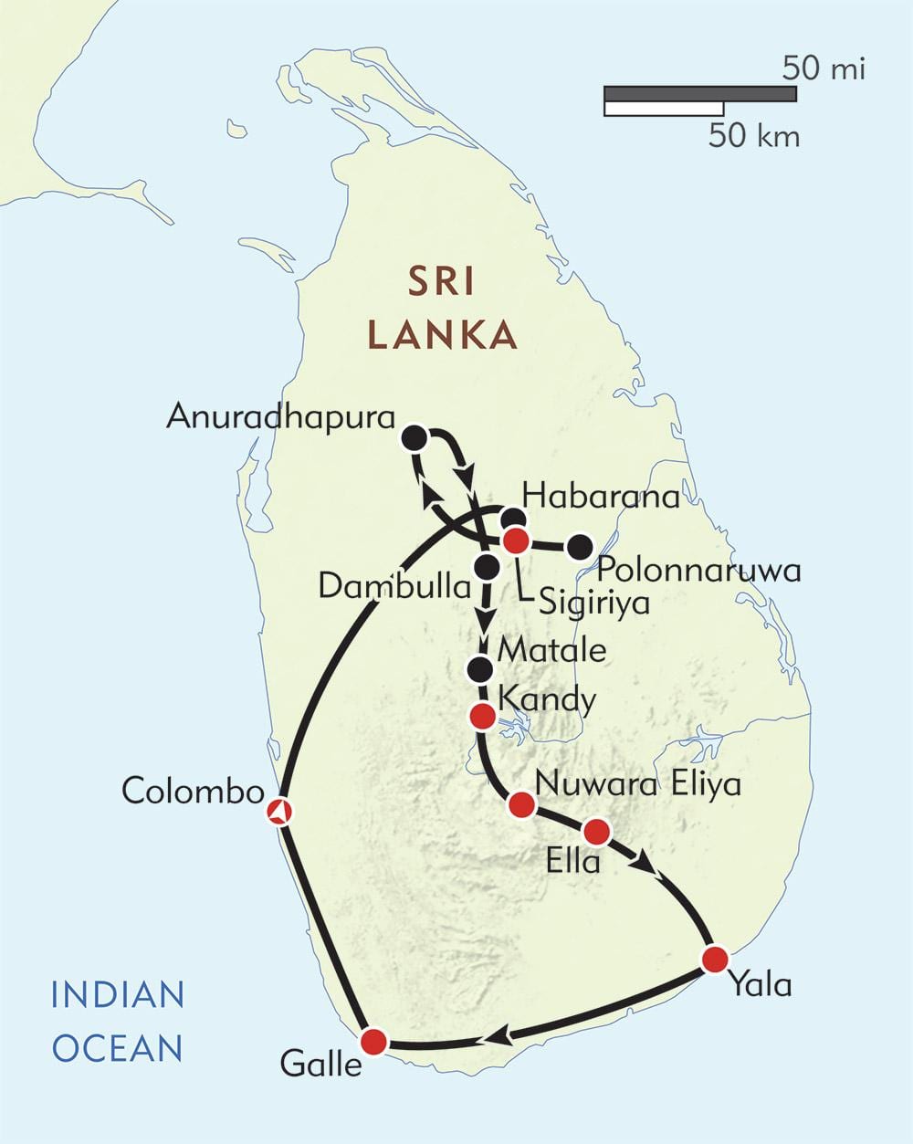 মানচিত্র শ্রীলঙ্কা ভ্রমণপথ